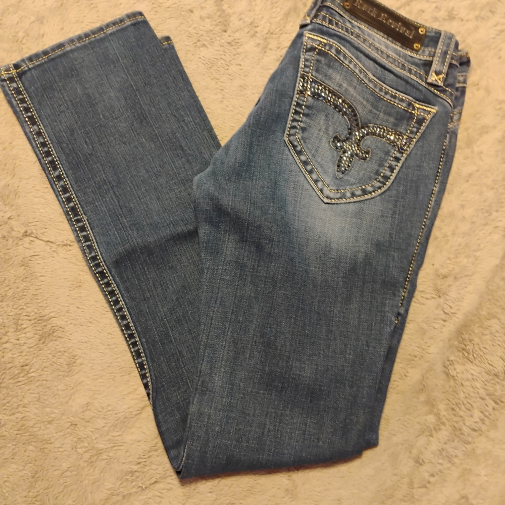 Rock Revival Blue Straight Leg Jeans with Embellished Pocket